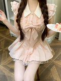 KYLETHOMASW  -  Japanese Sweet Cute Large Bow Pink Striped Dress Women Lapel Flutter Sleeve Heart-shaped Button Single Breasted Dress New