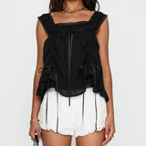 KYLETHOMASW  -  Women Chiffon Y2k Boho Ruffle Crop Tank Top Chic Drawstring Ruch Frilly Square Neck Vest Flowy Peplum Babydoll Shirt Cami Tops