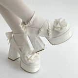 KYLETHOMASW  -  Lovely Girls Lolita High Heels Platform Shoes ,Young Women Students Sweet Pearl Lace Bowknots Embroidery Ankle Strap Mary Janes