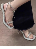 KYLETHOMASW  -  Silver French Women's Sandals, Thin Heel, Niche Design Sense, High Heels, Chain Rhinestone