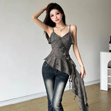 Kylethomasw Abandoned Earth Style Distressed Asymmetrical Sexy Camisole Tank Top, Women's Ruffled Edge Slim Fit, Waist Cinching Spicy Girl