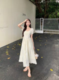 KYLETHOMASW  -  Women Summer Vintage Sweet Chic High Waist Elegant Party Dresses Fairy Solid Short Sleeve Slim Lace-up Beach Maxi Dress Vestidos