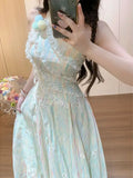 KYLETHOMASW  -  French Sweet Green Sleeveless Dress Women Summer Asymmetrical Lace Halter Neck Floral Maxi Dress Romantic Y2K Chic Fashionable