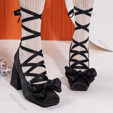 KYLETHOMASW  -  Sweet Cross Strap Ballet Style High Heels Women Spring Autumn Women Shoes Elegant Square Toe Satin Lolita Pumps Single Shoes