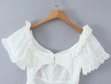KYLETHOMASW  -  Pretty Girl Holiday Summer Dresses Women O Neck Short Sleeve A-line Mini Hollow Out Embroidery White  Dress Backless Robe