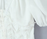 KYLETHOMASW  -  Sweet White Embroidery Hollow Out Hole Splice Lace Elastic U Collar Short Sleeve Shirt Women Center Buttons Slim Crop Tops