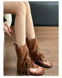KYLETHOMASW  -  New Women's Flat Bottom Tassel Tie Sandals Retro Toe-Strap Short Boots Versatile Cross Buckle Ankle Boots Sporty Style