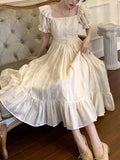 KYLETHOMASW  -  Elegant Women's Square Neck White Dress Summer French Fashion Bubble Sleeves with Ruffle Edge Women Unique Retro Long Dress New