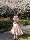KYLETHOMASW  -  Summer Sweet Lace Lolita Waist Slimming A-line Long Dress for Women Off Shoulder Ruffle Short Sleeve Pink Elegant Dress