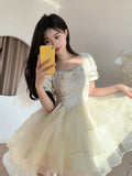 KYLETHOMASW  -  Princess Style Short Puffy Skirt Dress Elegantly Designed  Knot Ogees Sweet Summer Women's Fashion Single Piece