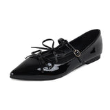 KYLETHOMASW  -  sexy T-strap flats women double bowtie ankle strap party shoes woman pointed toe cutout mary janes japanned leather loafers