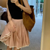 KYLETHOMASW  -  Versatile Summer Pink A-Line Skirt Women High Waist Party Flared Mini Skirt Casual White Lace Trim Boho Skirt 279A