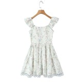 KYLETHOMASW  -  Sexy Floral Print Spliced Lace V neck Ruffles Strap Tank Dress Women Wood ears Low Waist Short Dresses Swing A-lined Robe