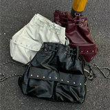 KYLETHOMASW  -  Harajuku Solid Color Chain Backpack Women Drawstring Studded Leather Large Capacity Backpack Ladies Fashion Y2k Mochilas Mujer