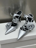 KYLETHOMASW  -  Spring New Silver Dark Goth Y2k Rose Cross Strap Sandals Ladies French Pointed High Heels Stiletto Sandals for Women