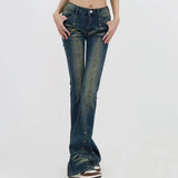 KYLETHOMASW  -  Vintage Americana Low Rise Flared Jeans Rivet Studs Distressed Washed Denim Pants Bootcut Slim Y2K Harajuku Street Denim Pants