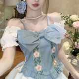 KYLETHOMASW  -  New Heavy-industrial Denim Design Three-dimensional Embroidered Sweet Suspender Slim Top
