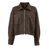 KYLETHOMASW  -  Fashion Lapel Collar Zipper Jacket Women's Casual Solid Suede Full Sleeve Coat 2025 Lady Autumn Chic High Street Outwear