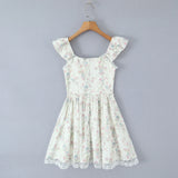 KYLETHOMASW  -  Sexy Floral Print Spliced Lace V neck Ruffles Strap Tank Dress Women Wood ears Low Waist Short Dresses Swing A-lined Robe