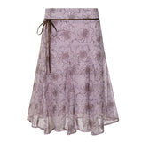 KYLETHOMASW  -  Vacation Boho Floral Print Mesh Skirt Elegant Women Vintage Lace-up Low Waist A-line Midi Skirt Beach Date Outfit Autumn