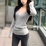 Kylethomasw Vintage Screw Thread Sexy Slim Casual Long Sleeve Sweater Women Autumn New Korean V-neck Solid Color All Match Knitted Tops
