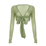 KYLETHOMASW  -  Ins niche design irregular deep V-knot tied long sleeved cover shirt solid color basic versatile temperament short cardigan