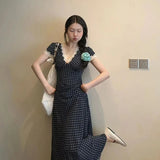 KYLETHOMASW  -  French Retro Lace Patchwork Maxi Dress Polka Dot Sweet Slim Short Sleeve Dress V Neck Preppy Style Summer Beach Party Vestidos