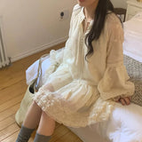 KYLETHOMASW  -  Summer New Loose Long-sleeved Embroidered Fungus Edge Tie-neck Shirt Skirt Summer