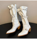 KYLETHOMASW  -  Vintage Pleated Belt Buckle Faux Suede Women Knee High Boots Autumn Winter Fashion High heels Western Cowboy Knight Boots Shoes