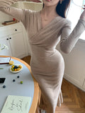 KYLETHOMASW  -  V Neck Bandage Dress Women Long Sleeve Lace-Up Midi Dress Korean Fashion Slim-Fit Stretch Long Dresses Female Vestidos Mujer