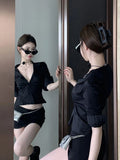 KYLETHOMASW  -  Sexy Black Slim Cropp Blouse Women Turn Down Collar Chic Solid Commuter Shirt Three Quarter Sleeve Street Fashion Deep V Hot Top