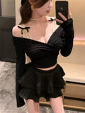 KYLTHOMASW  -  Bow Lace T Shirts Women Sexy Patchwork Off Shoulder Fake 2 Pieces Crop Top Casual Long Sleeve V-neck Tight Female Tees