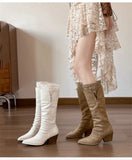 KYLETHOMASW  -  Autumn Winter Fashion Pleated Design Women Knee-High Boots Vintage Faux Suede Lace High heels Western Cowboy Long Booties Shoes