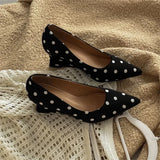 KYLETHOMASW  -  Designer Luxury Wedges Heel Women Mary Jane Shoes Concise Shallow Slip On Shoes Ladies Elegant Pointed Toe Dress Polka Dot Pumps