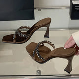 KYLETHOMASW  -  Street Style CRYSTAL Narrow Band Slippers Woman Open Toe Thin High Heels Sandals Stripper Party Slides Shoes