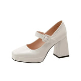 KYLETHOMASW  -  Red Patent Leather Mary Jane Pumps for Women Strap Buckle Chunky High Heels Shoes Woman Platform Pump Burgundy Party 43