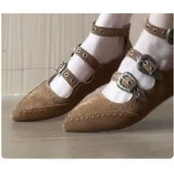 KYLETHOMASW  -  Retro Mary Jane Shoes British Style Pointed Toe Rivet Buckle Women's Summer Sandals Flat Bottom Beanie Shoes Girl Footwear