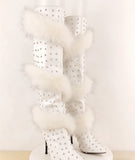 KYLETHOMASW  -  Fashion Leather Pointed Toe Over-the-Knee Boots Round Silver Studded Detail Plush Faux Fur Trim Stiletto Heel Punk Style Boots