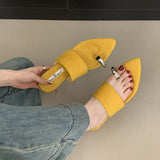 KYLETHOMASW  -  Luxury Fashion Metal Ladies Wedges Slippers Slides Female Sandals Flip flops Pointed Toe Women Heeled Slippers Wedges Shoes