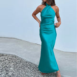 KYLETHOMASW  -  Elegant Satin Maxi Dresses For Women Birthday Party Sexy Chest Wrap Backless Bandage Halter Long Dress Club Evening Robe Summer