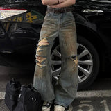 KYLETHOMASW  -  American Street Tie-dye Hole Denim Pants Summer Vintage Washed Jeans for Women 2025 New High Waist Loose Wide Leg Pants