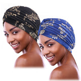 Kylethomasw 2PCS/LOT Women Muslim Head Wraps Gold shiny silky Top Knotted turban Hat Inner Hijab Chemo Cap Headscarf Stretchy Headband