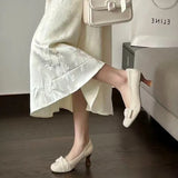 KYLETHOMASW  -  High-end French-style White Lace Chunky Heel Mary Jane Shoes for Women with Bowknot, Round-toe High Heels, Women's Single Shoes