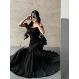 KYLETHOMASW  -  Sexy Slim Elegant Lady Long Dress Summer Short Sleeve Square Neck Pleated Fishtail Tight Party Dresses for Women