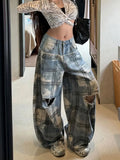 KYLETHOMASW  -  American Street Retro New Low Waist Jeans Women Plaid Splicing Ripped Wide Leg Jeans Hot Girl Y2k Streetwear Daily Casual Outfit