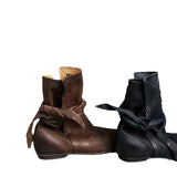 KYLETHOMASW  -  Genuine Leather Butterfly Knot Wrapped Strap Short Ankle Boots Women Polished Color Distressed Flat Bottomed Bare Shoes Female