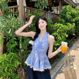 KYLETHOMASW  -  Women Summer Halter Neck Sleeveless Backless Blouse Top Lace Trim Boho Peplum Camisole Elegant Holiday Beachwear Korean Style