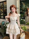 KYLETHOMASW  -  2025 Girl Dress Sweet Floral Square Neck Bow Women Korean Version Slimming Style Spliced Fluffy Cute Sweet Dresses