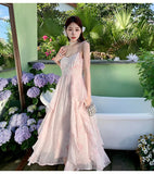 KYLETHOMASW  -  Chic Spaghetti Strap Women's Dresses Summer French Style Princess V-neck Evening Dresses Fashion Elegant Female Dress