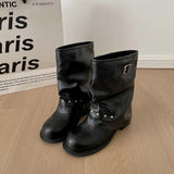 KYLETHOMASW  -  Winter Pleated Women Western Ankle Boots Fashion Rivet Belt Buckle Shoes Ladies Concise Vintage Thick Heel Short Booties